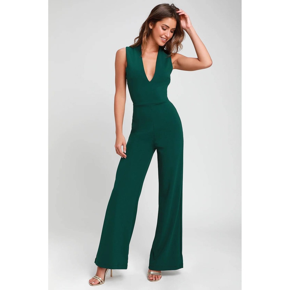 Sleeveless Deep V Emerald Wide-Leg Jumpsuit